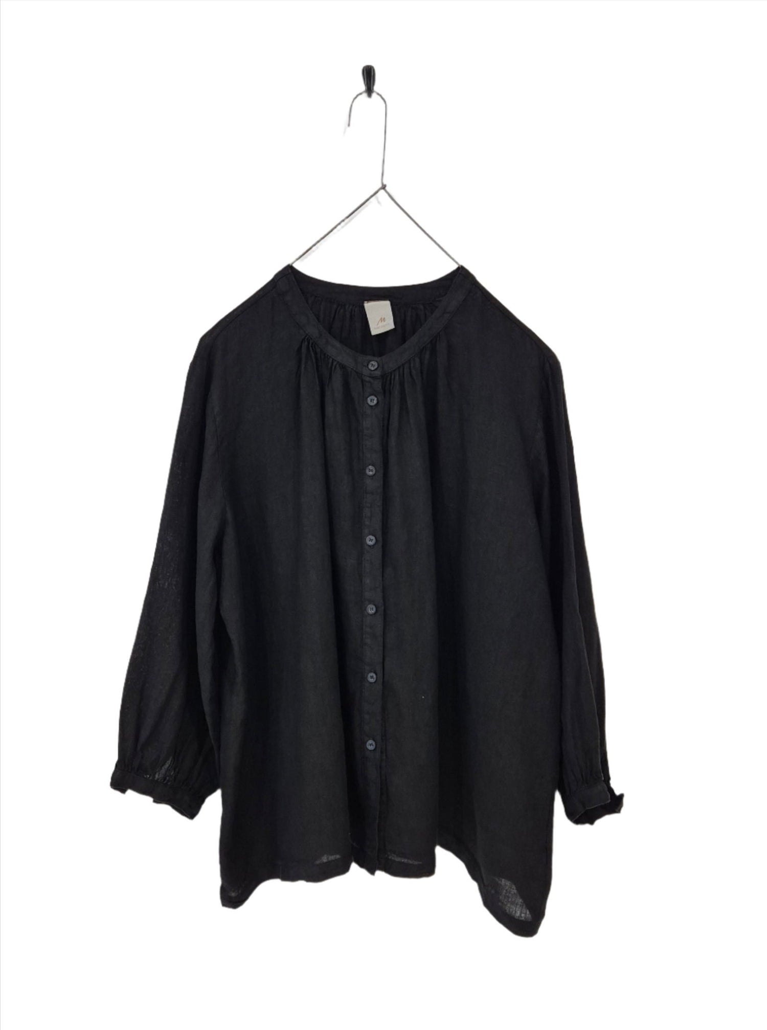 Montaigne Carmen Button Through Long Sleeve Linen Top Black