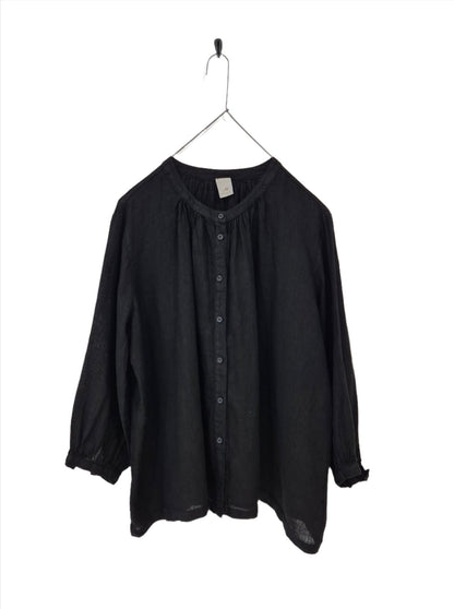 Montaigne Carmen Button Through Long Sleeve Linen Top Black