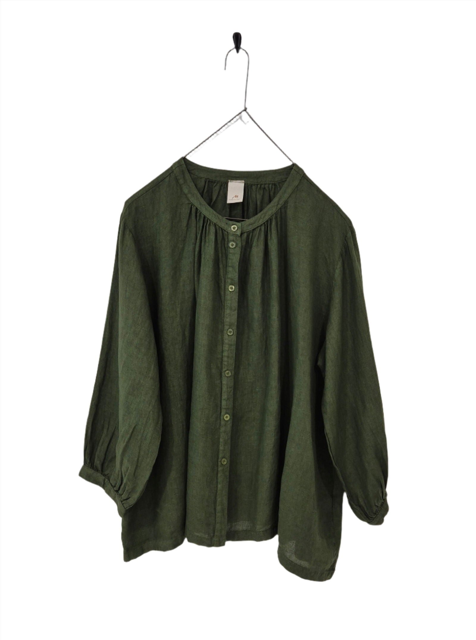 Montaigne Carmen Button Through Long Sleeve Linen Top Forest Green