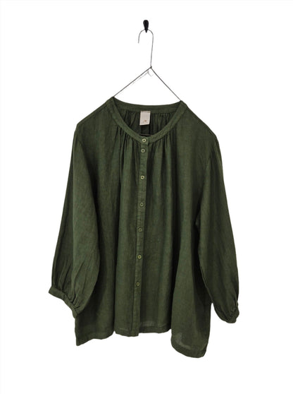 Montaigne Carmen Button Through Long Sleeve Linen Top Forest Green