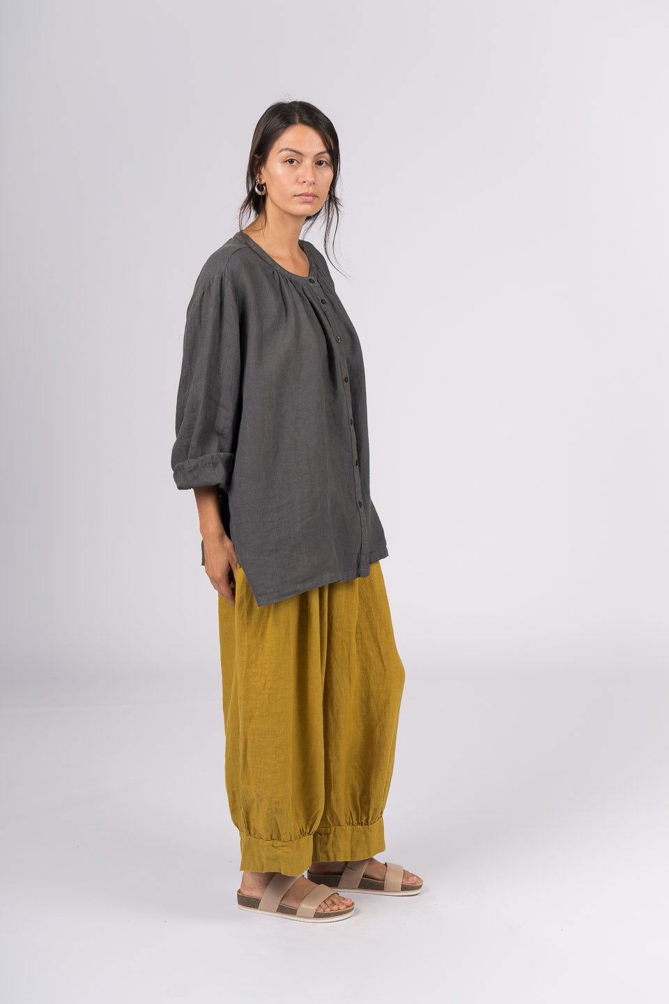 Montaigne Carmen Button Through Long Sleeve Linen Top Petrol1