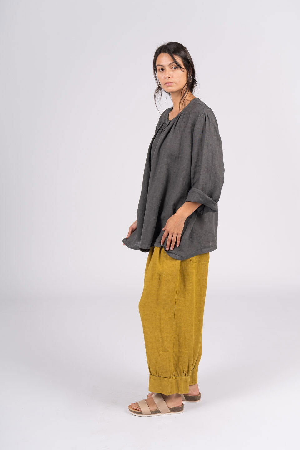 Montaigne Carmen Button Through Long Sleeve Linen Top Petrol2