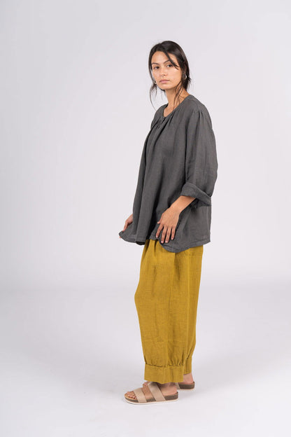 Montaigne Carmen Button Through Long Sleeve Linen Top Petrol2