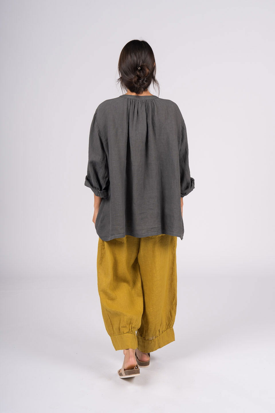 Montaigne Carmen Button Through Long Sleeve Linen Top Petrol3