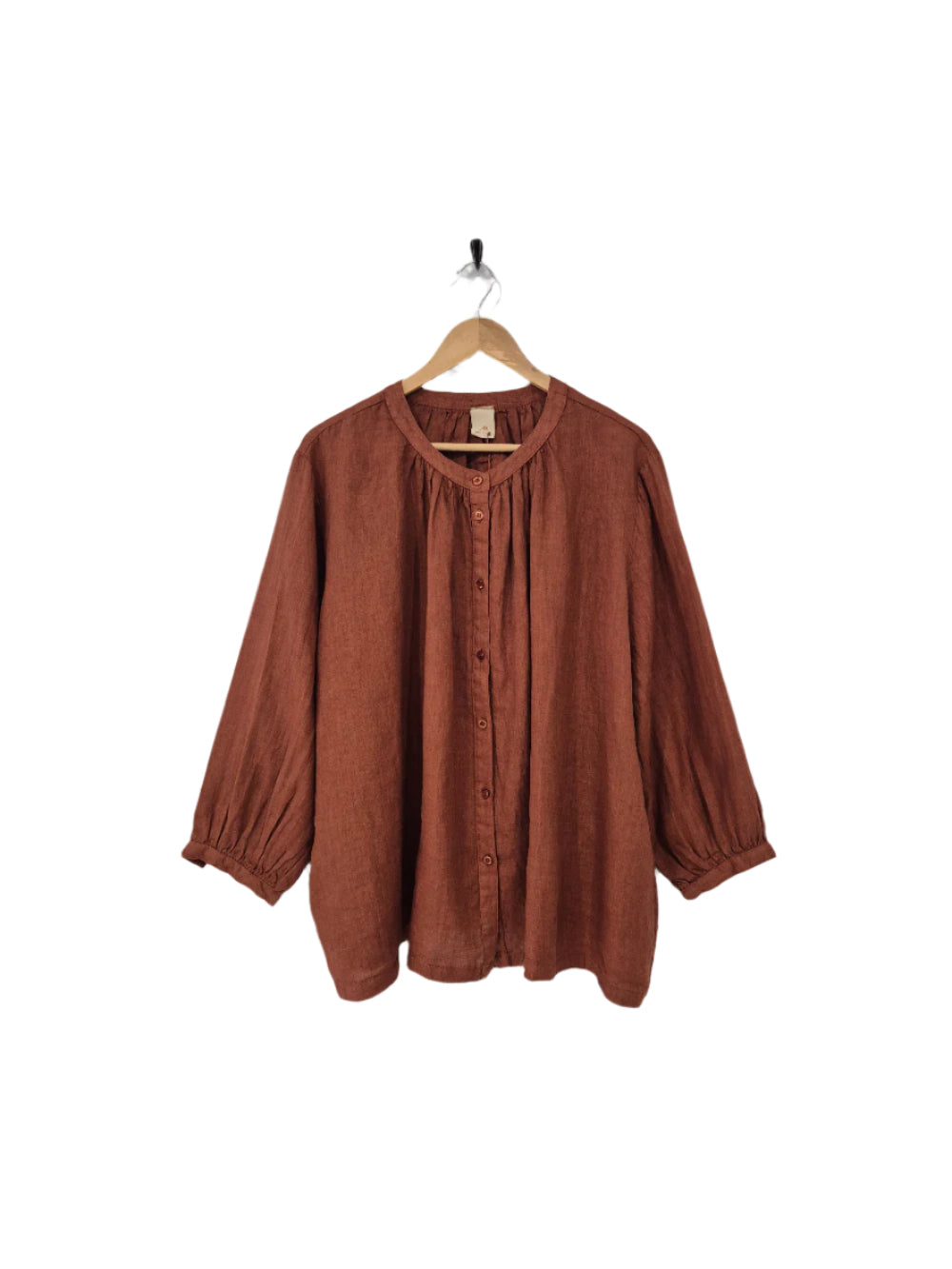 Montaigne Carmen Button Through Long Sleeve Linen Top Rust
