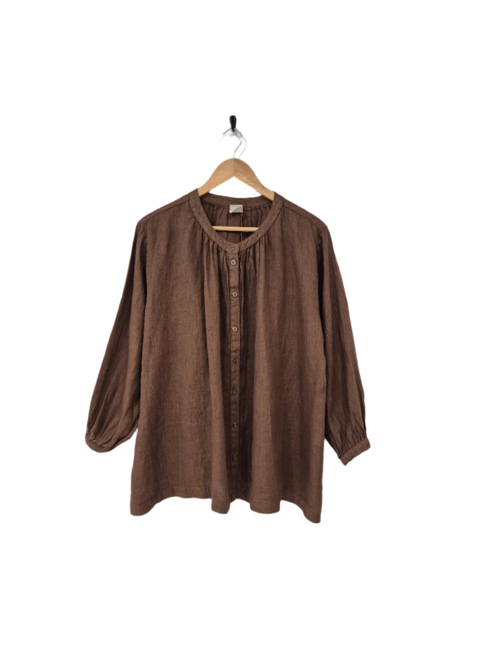 Montaigne Carmen Button Through Long Sleeve Linen Top Tobacco