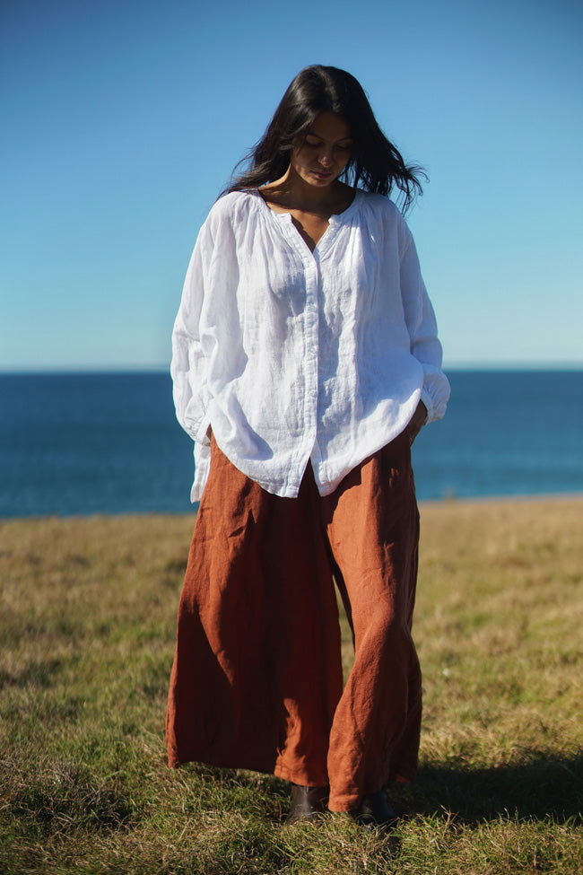 Montaigne Carmen Button Through Long Sleeve Linen Top White