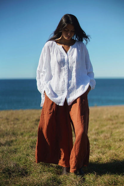 Montaigne Carmen Button Through Long Sleeve Linen Top White