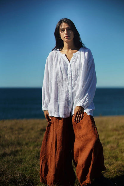 Montaigne Carmen Button Through Long Sleeve Linen Top White1