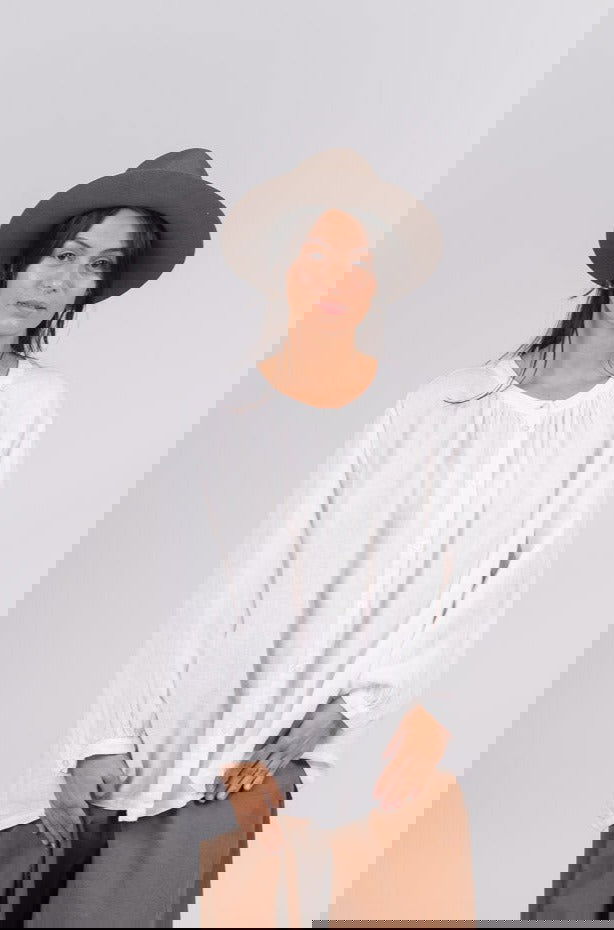 Montaigne Carmen Button Through Long Sleeve Linen Top White3