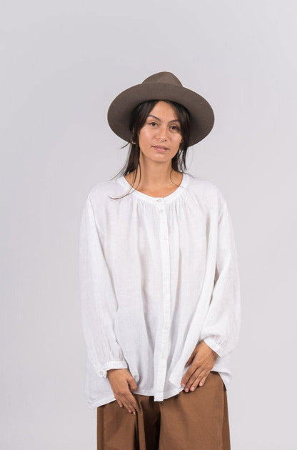 Montaigne Carmen Button Through Long Sleeve Linen Top White3