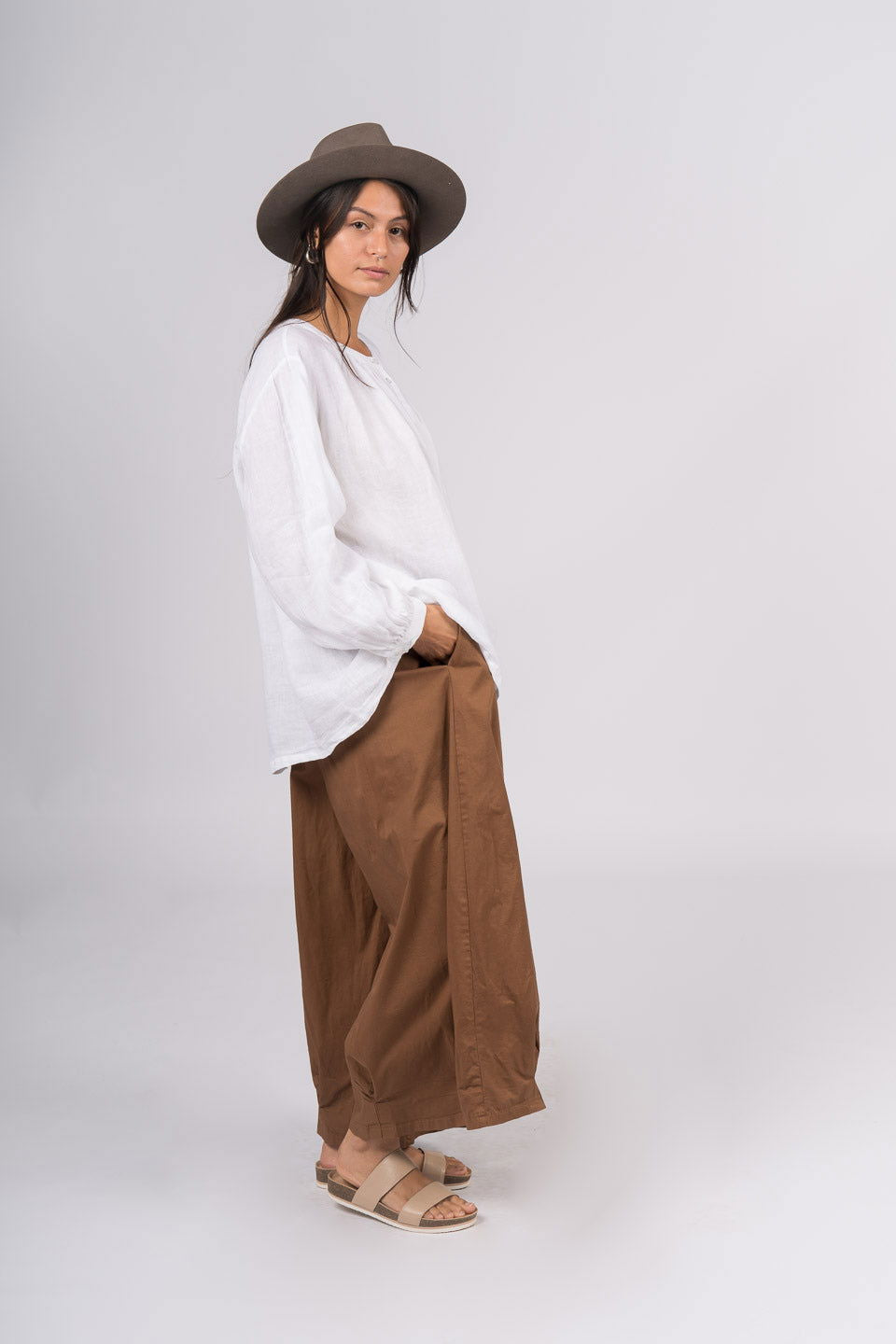 Montaigne Carmen Button Through Long Sleeve Linen Top White4