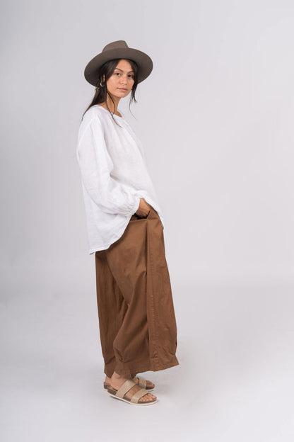 Montaigne Carmen Button Through Long Sleeve Linen Top White4