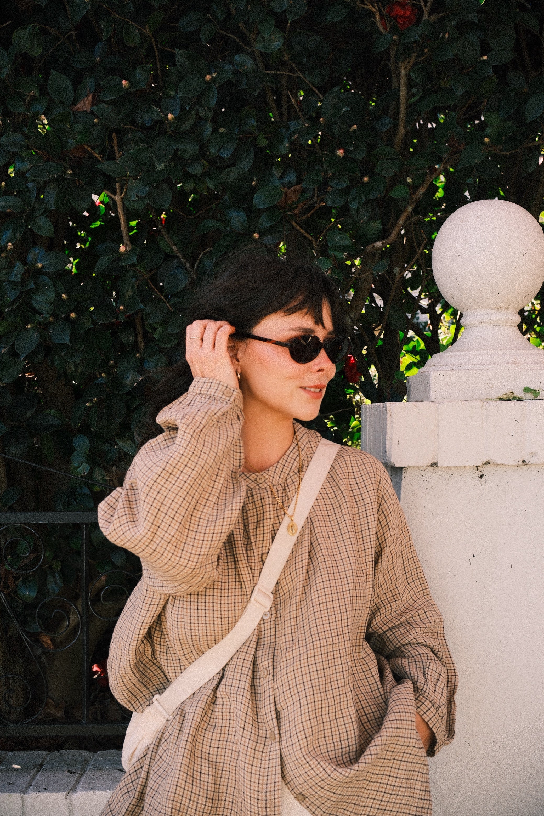Montaigne Carmen Button Through Long Sleeve Top in Beige/Brown Check11