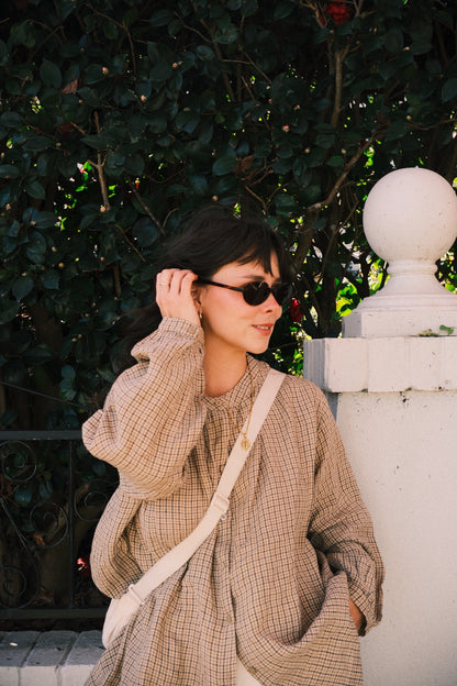 Montaigne Carmen Button Through Long Sleeve Top in Beige/Brown Check11