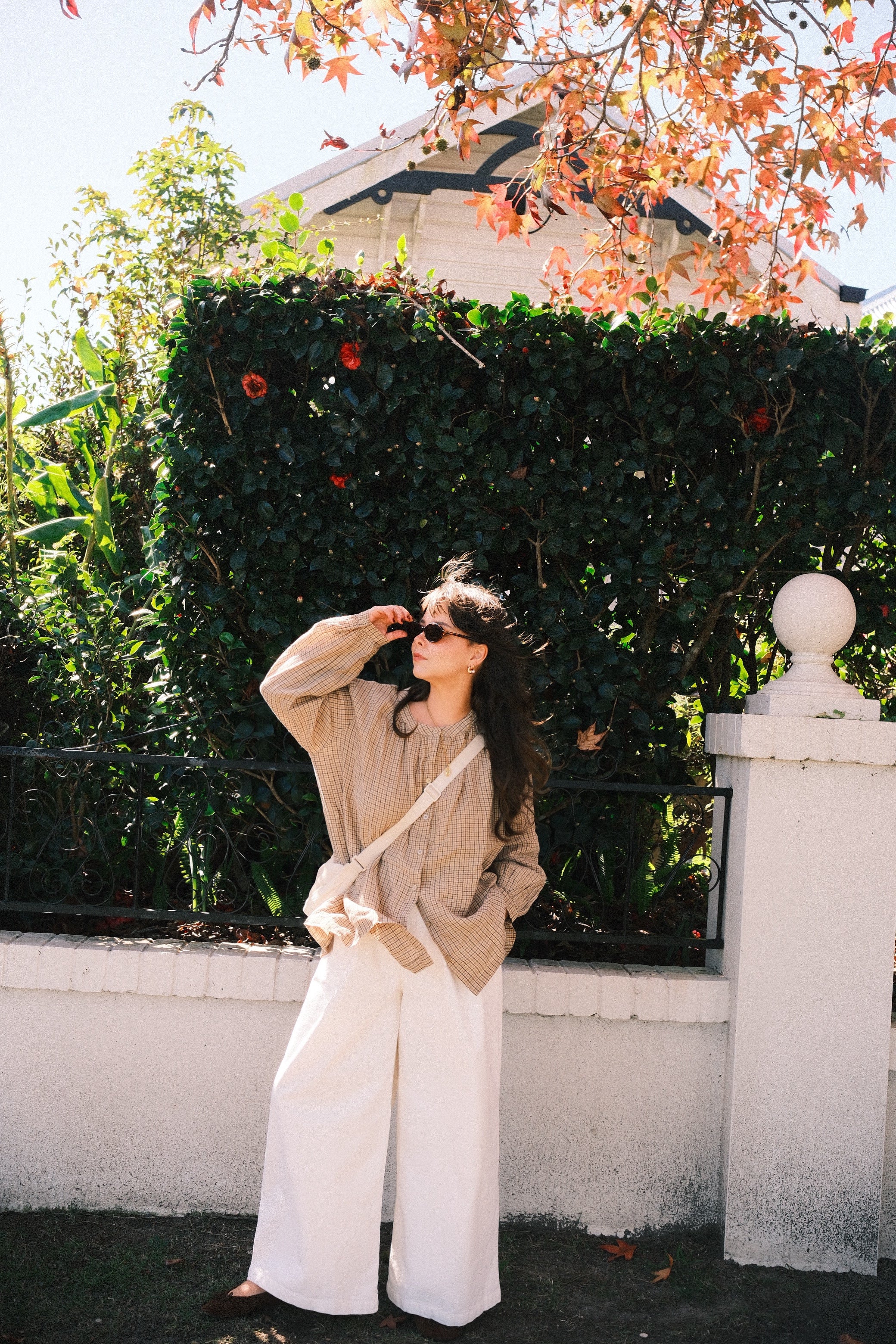 Montaigne Carmen Button Through Long Sleeve Top in Beige/Brown Check12