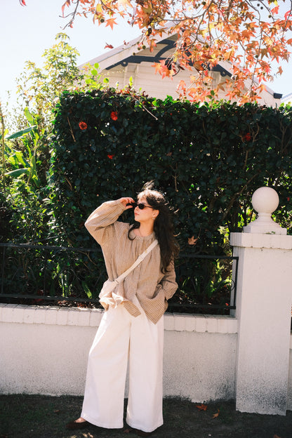 Montaigne Carmen Button Through Long Sleeve Top in Beige/Brown Check12