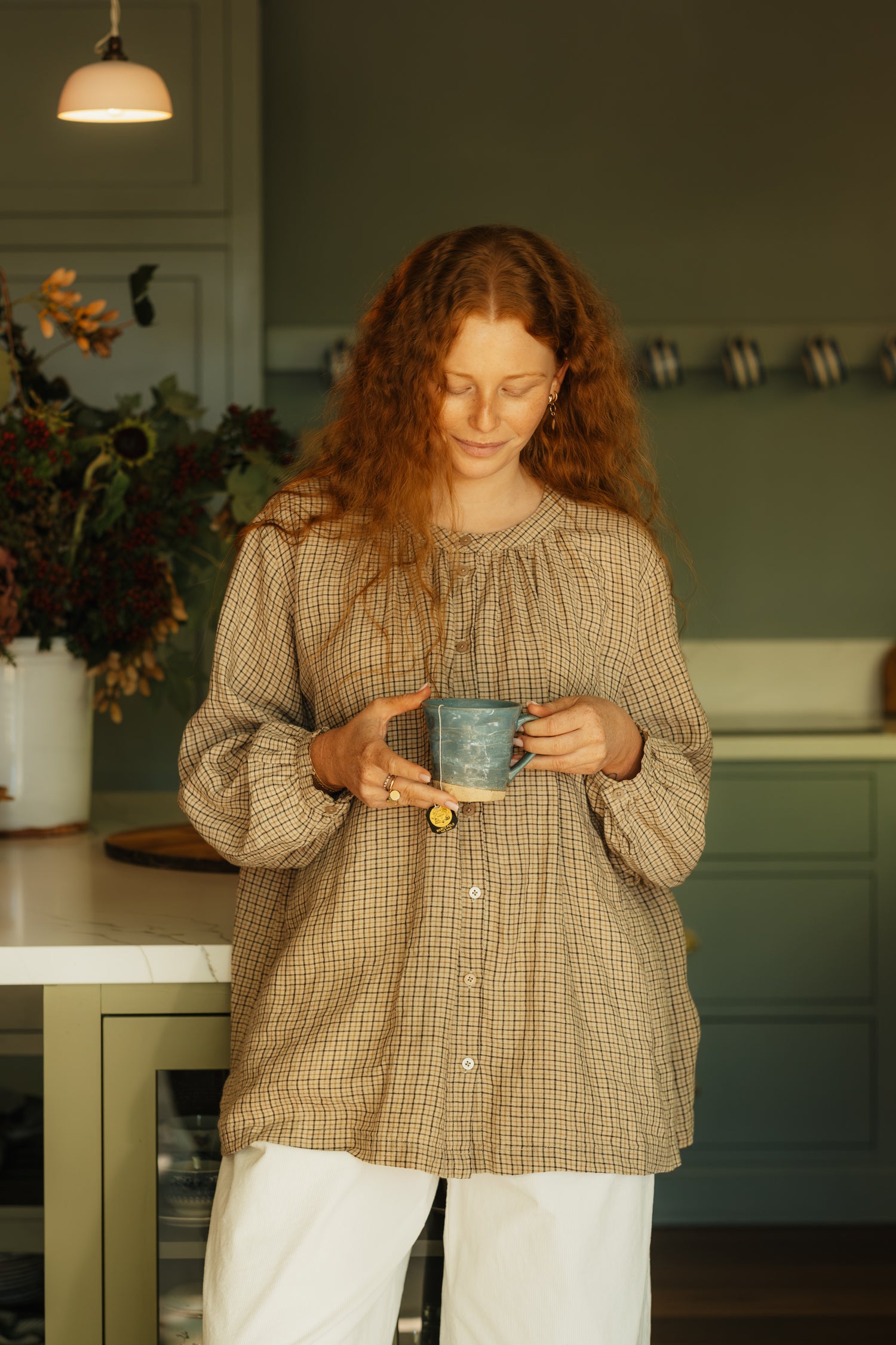 Montaigne Carmen Button Through Long Sleeve Top in Beige/Brown Check2