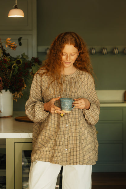 Montaigne Carmen Button Through Long Sleeve Top in Beige/Brown Check2