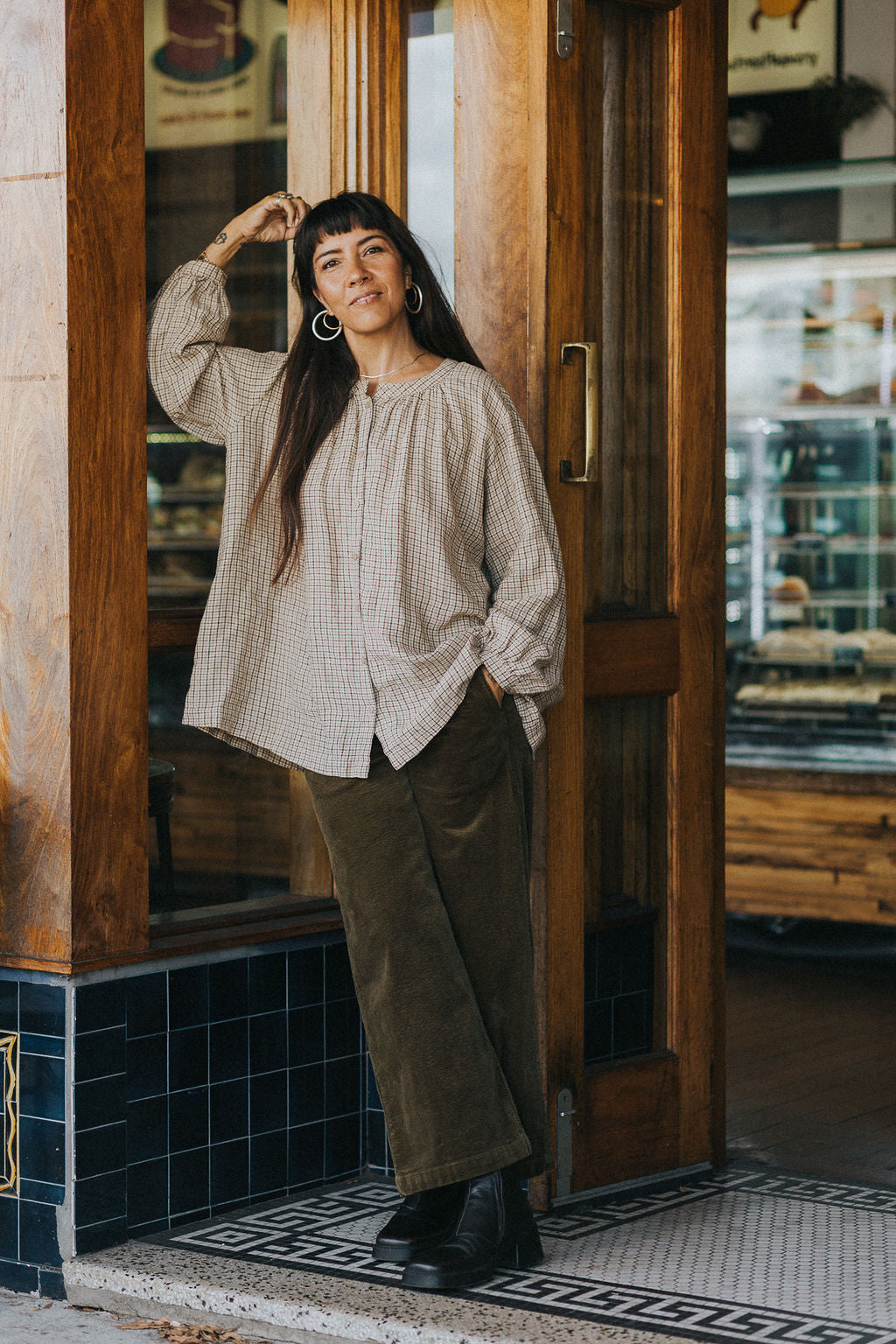 Montaigne Carmen Button Through Long Sleeve Top in Beige/Brown Check3