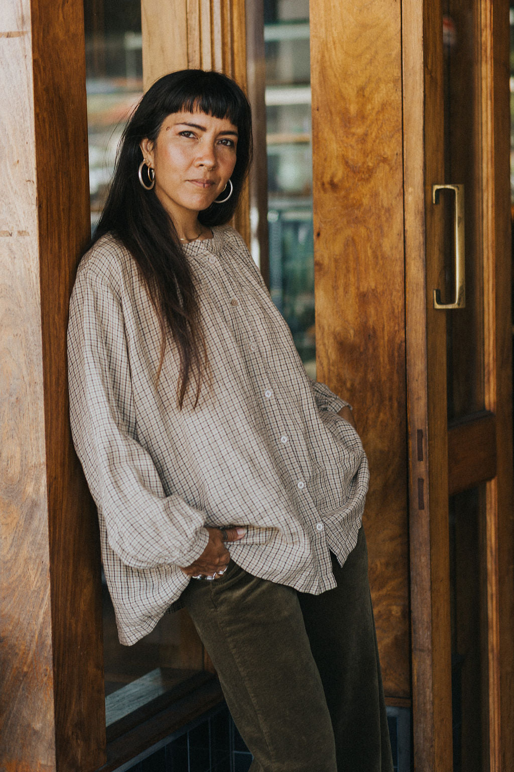 Montaigne Carmen Button Through Long Sleeve Top in Beige/Brown Check4
