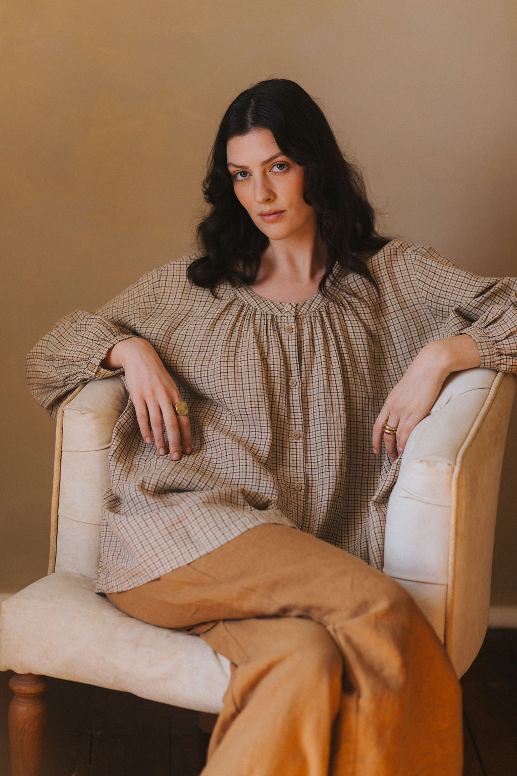 Montaigne Carmen Button Through Long Sleeve Top in Beige/Brown Check7