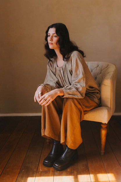 Montaigne Carmen Button Through Long Sleeve Top in Beige/Brown Check9