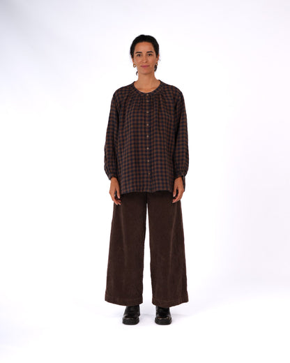 Montaigne Carmen Button Through Long Sleeve Top in Blue Brown Check2