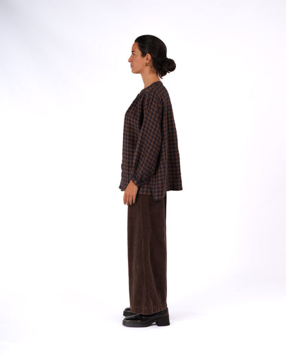 Montaigne Carmen Button Through Long Sleeve Top in Blue Brown Check3