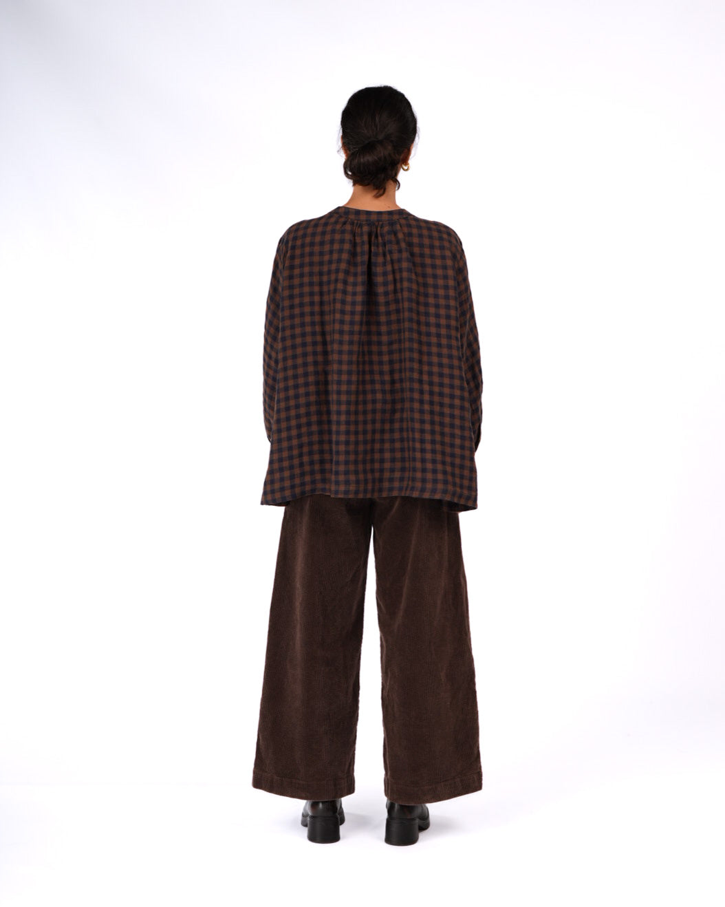 Montaigne Carmen Button Through Long Sleeve Top in Blue Brown Check4