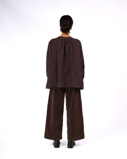 Montaigne Carmen Button Through Long Sleeve Top in Blue Brown Check4