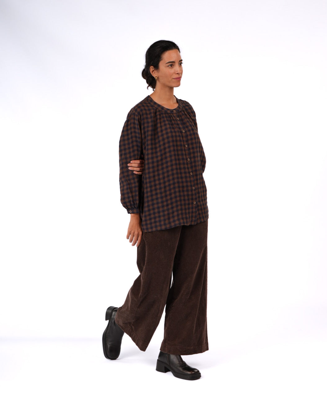 Montaigne Carmen Button Through Long Sleeve Top in Blue Brown Check5