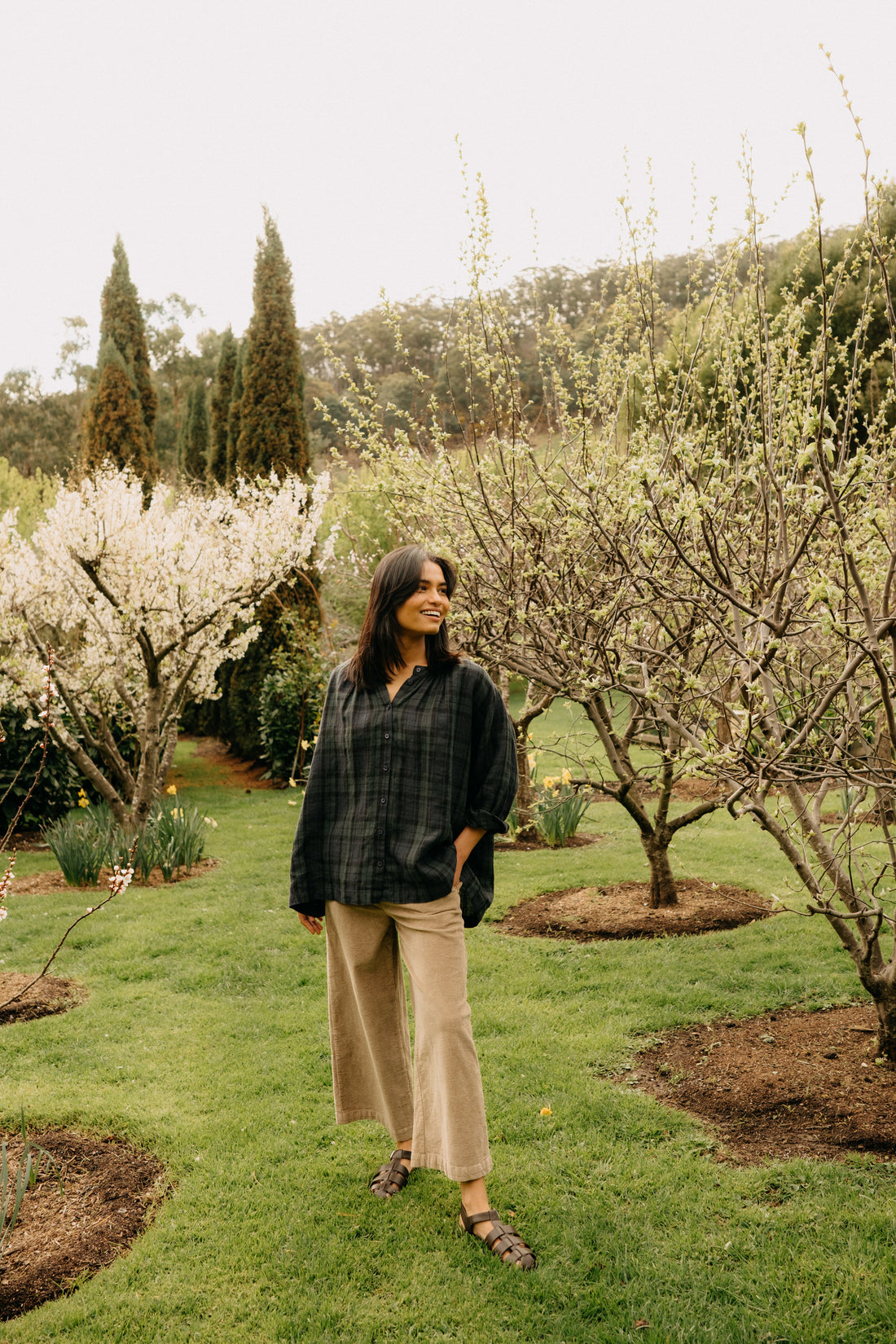Montaigne Carmen Button Through Long Sleeve Top in Tartan