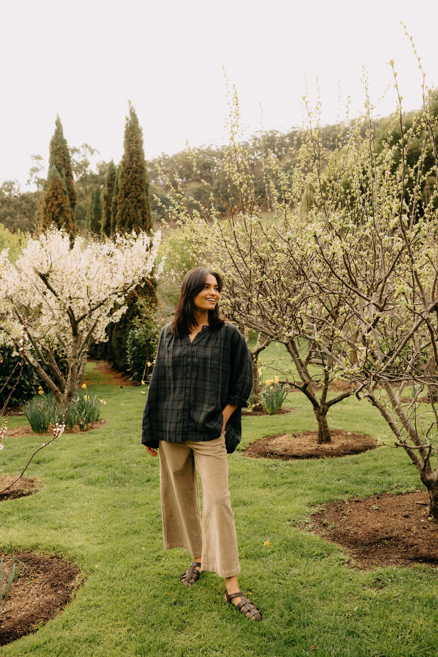 Montaigne Carmen Button Through Long Sleeve Top in Tartan