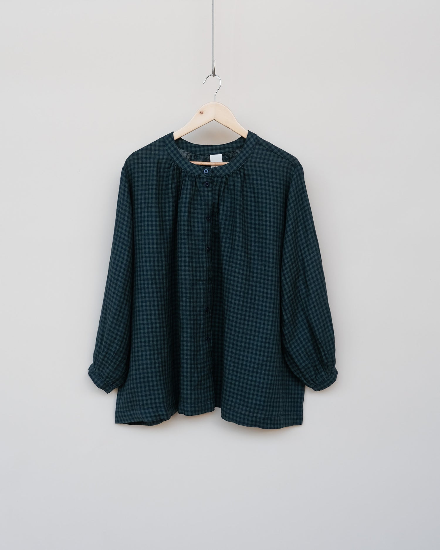 Montaigne Paris Carmen Button Through Long Sleeve Top in Tiny Blue Check