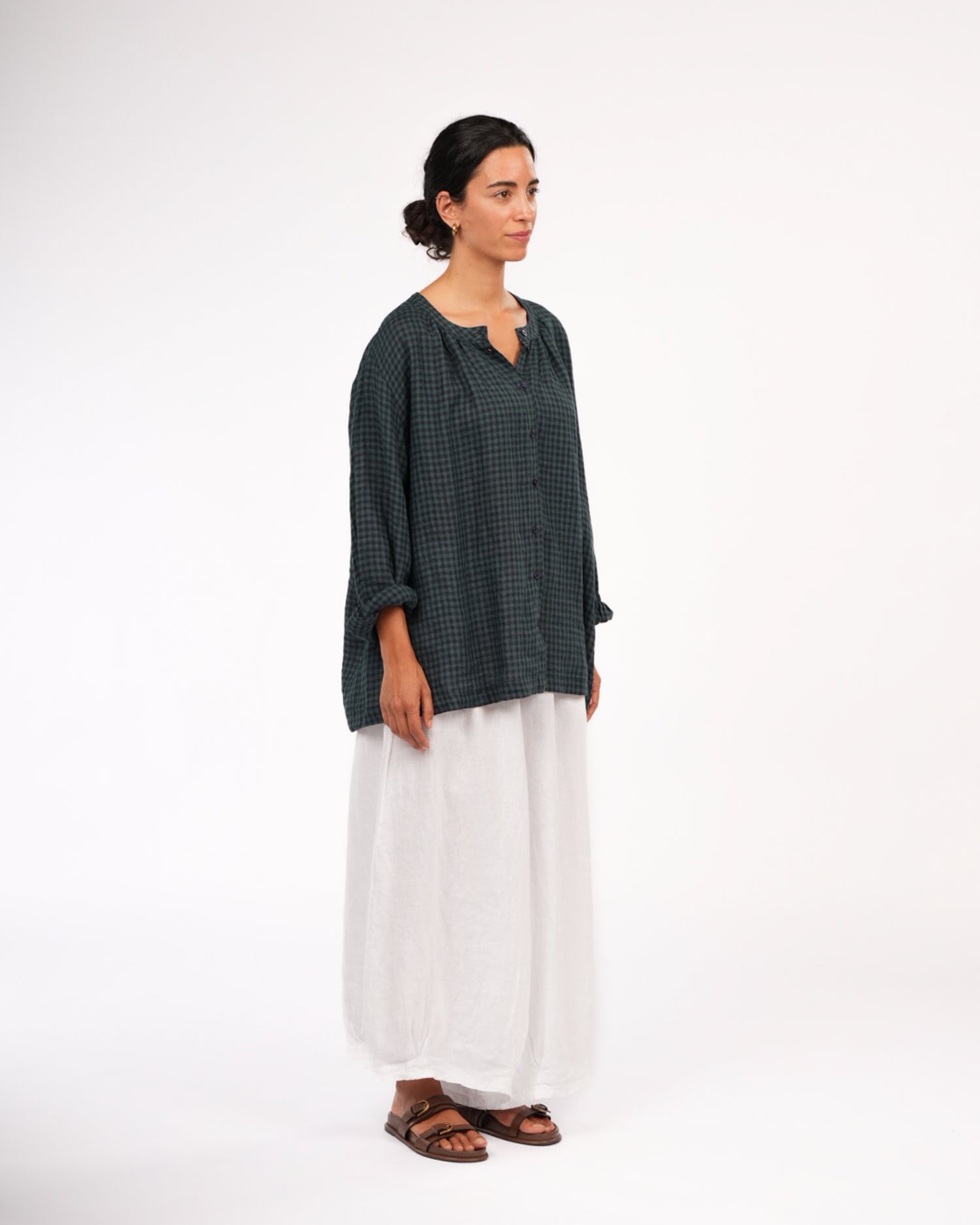 Montaigne Carmen Button Through Long Sleeve Top in Tiny Blue Check3