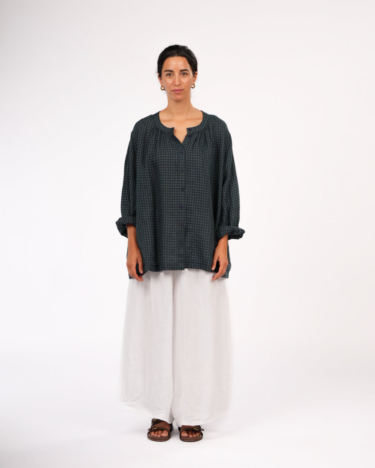 Montaigne Carmen Button Through Long Sleeve Top in Tiny Blue Green Check