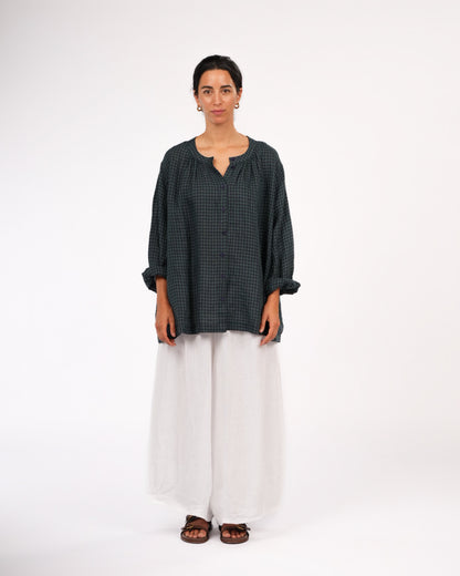 Montaigne Carmen Button Through Long Sleeve Top in Tiny Blue Green Check