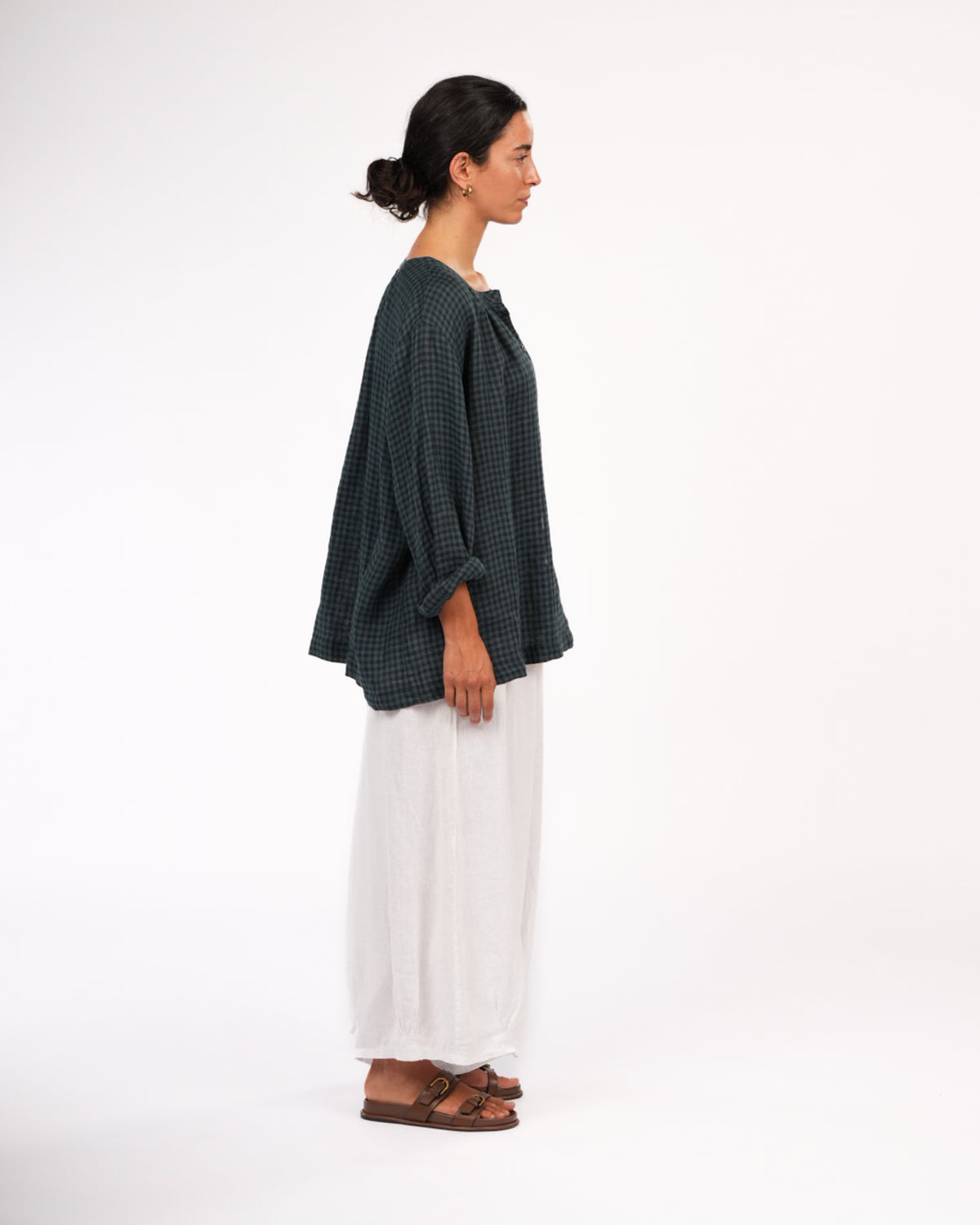 Montaigne Carmen Button Through Long Sleeve Top in Tiny Blue Green Check