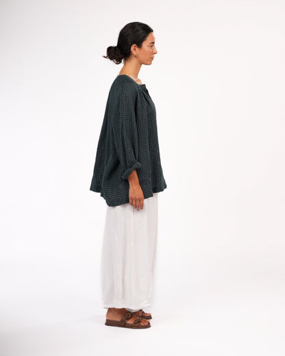 Montaigne Carmen Button Through Long Sleeve Top in Tiny Blue Green Check