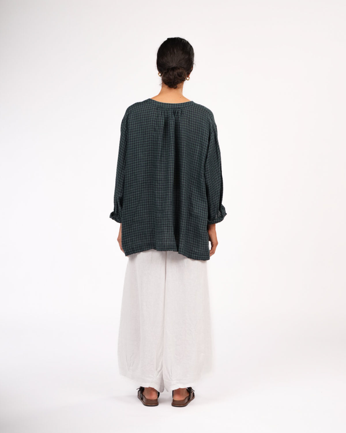 Montaigne Carmen Button Through Long Sleeve Top in Tiny Blue Green Check
