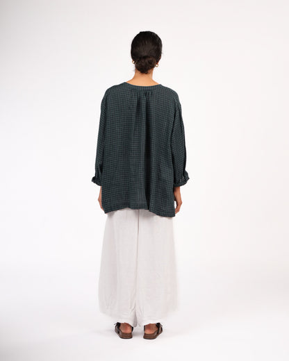 Montaigne Carmen Button Through Long Sleeve Top in Tiny Blue Green Check