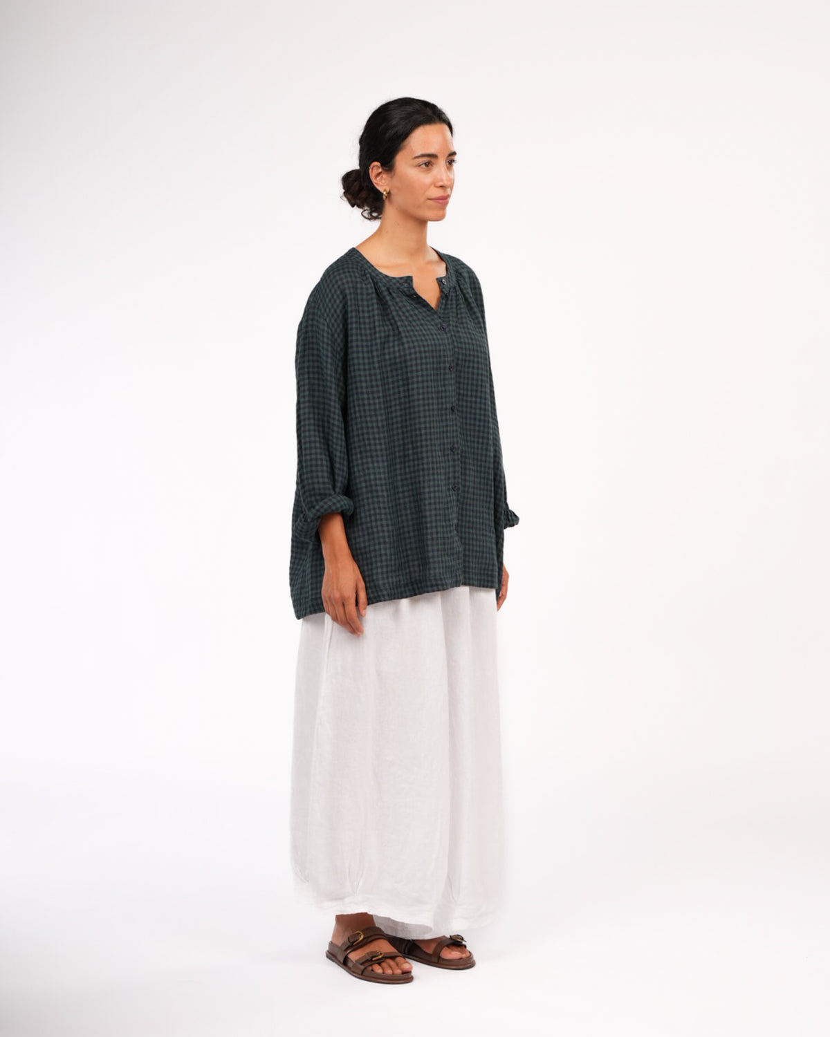 Montaigne Carmen Button Through Long Sleeve Top in Tiny Blue Green Check