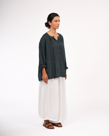 Montaigne Carmen Button Through Long Sleeve Top in Tiny Blue Green Check