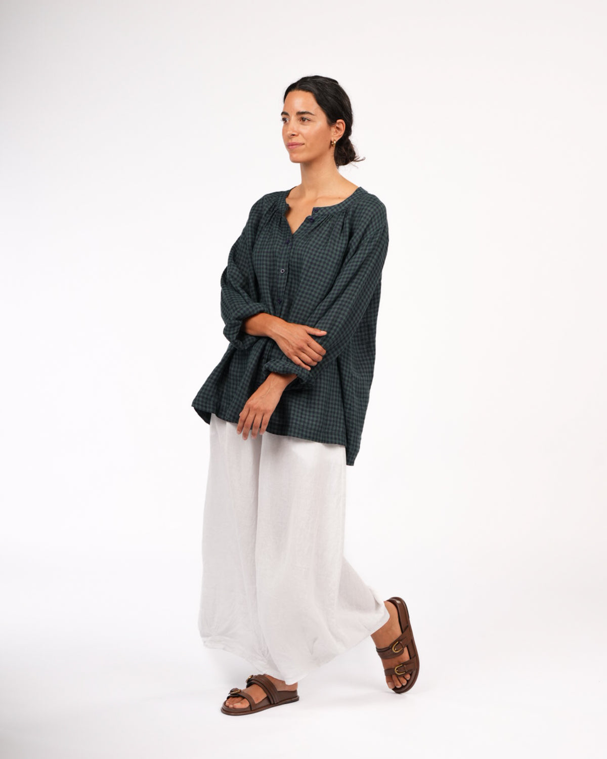 Montaigne Carmen Button Through Long Sleeve Top in Tiny Blue Green Check
