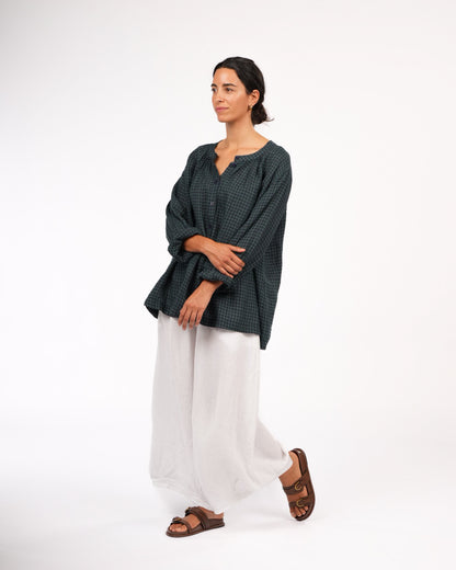 Montaigne Carmen Button Through Long Sleeve Top in Tiny Blue Green Check