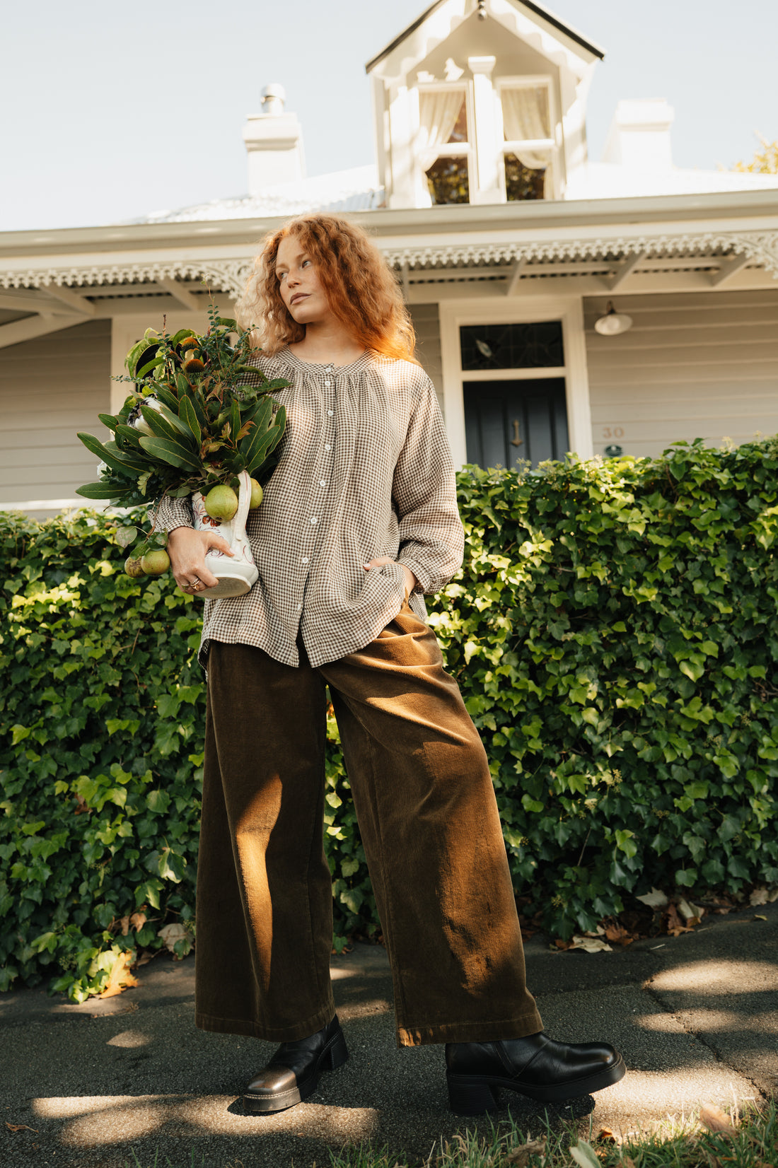 Montaigne Carmen Button Through Long Sleeve Top In Tiny Brown Gingham