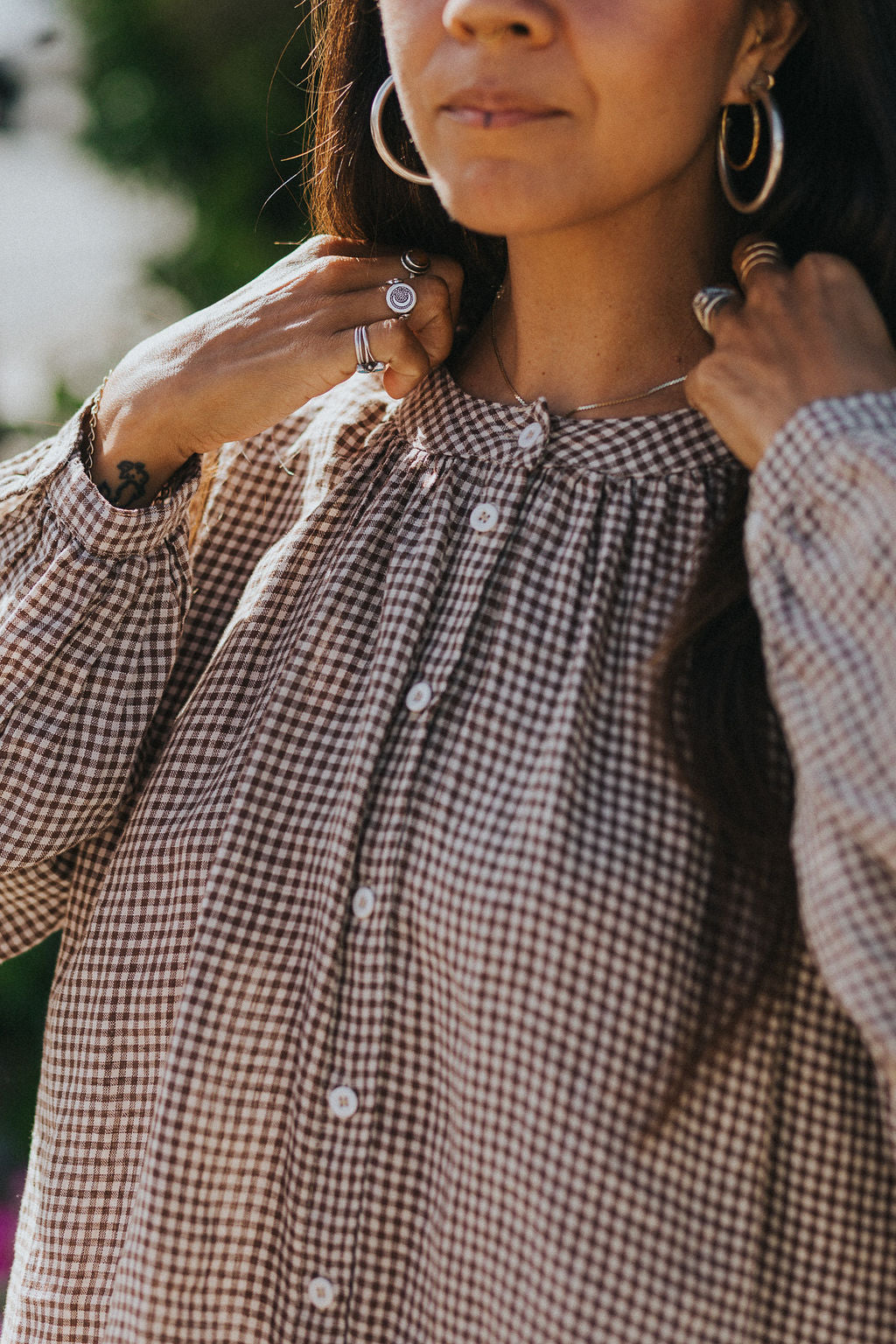 Montaigne Carmen Button Through Long Sleeve Top In Tiny Brown Gingham10
