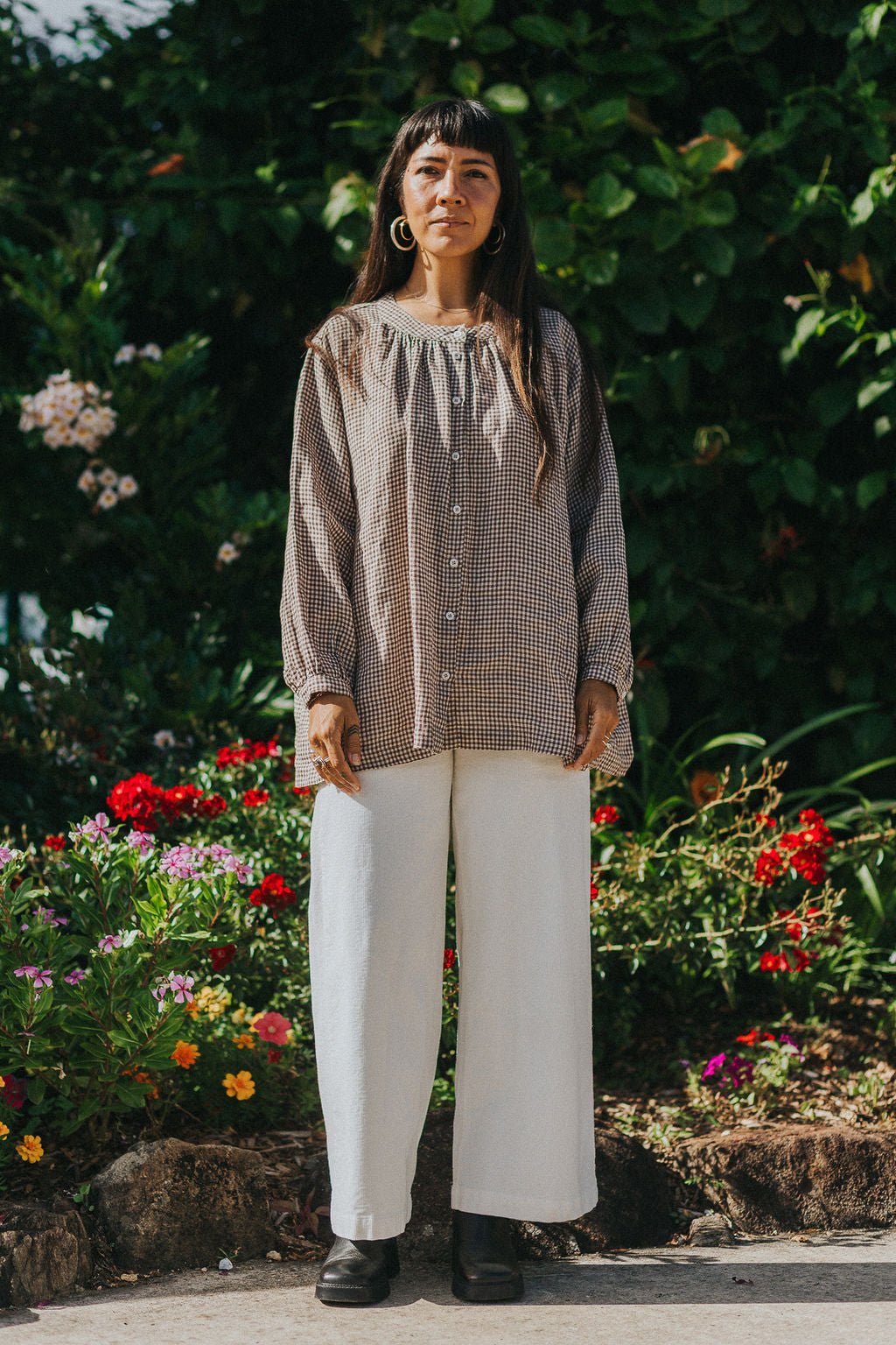 Montaigne Carmen Button Through Long Sleeve Top In Tiny Brown Gingham11