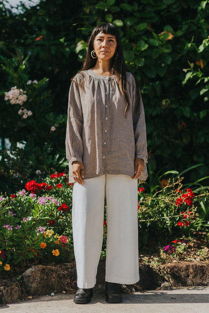 Montaigne Carmen Button Through Long Sleeve Top In Tiny Brown Gingham11